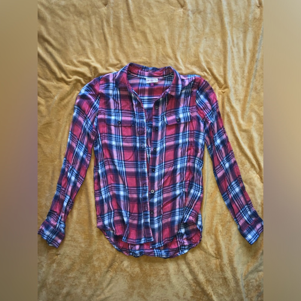 SO perfectly soft plaid button up red white and blue blouse, small - juniors